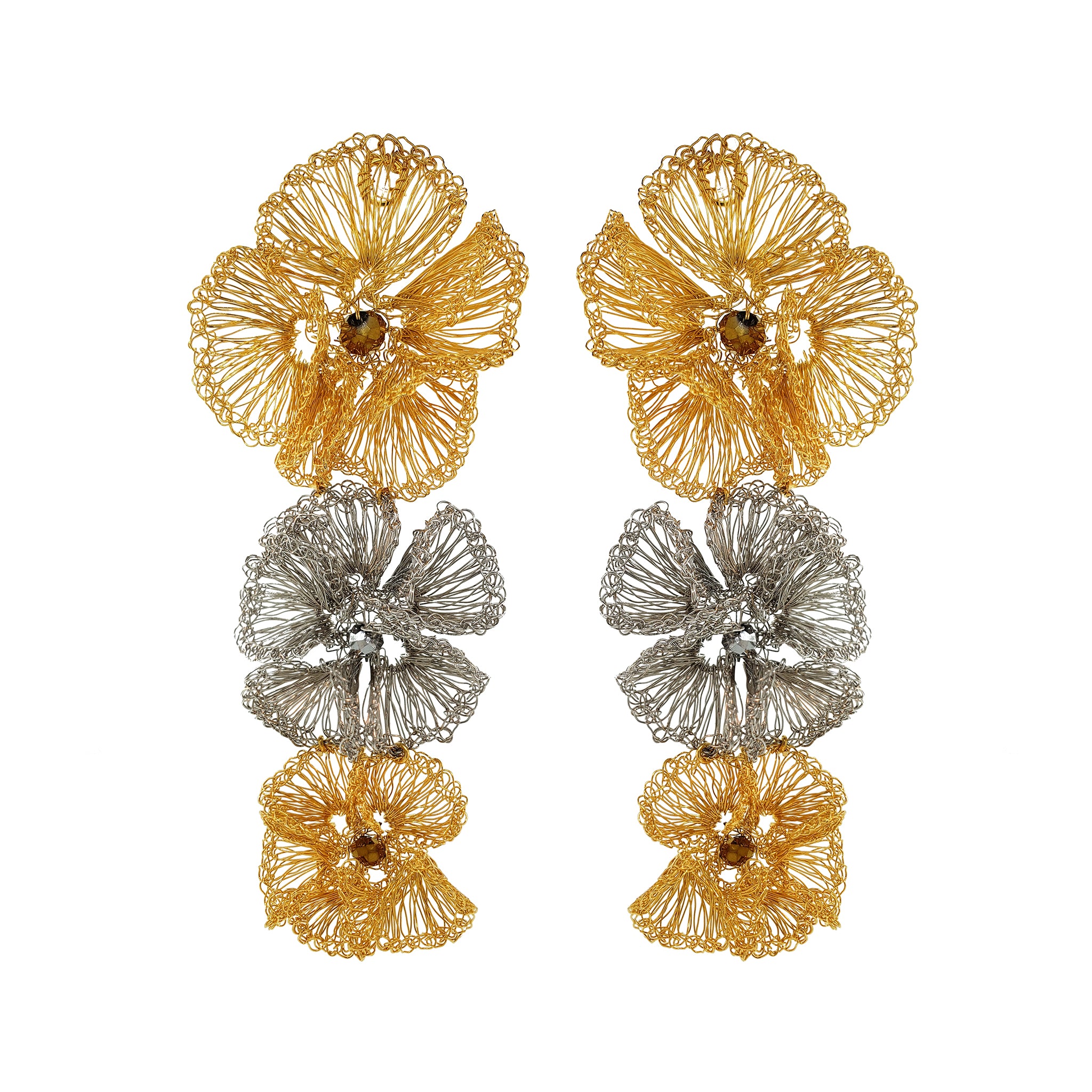 Gold & Silver Plumeria Cascade Handmade Crochet Long Earrings