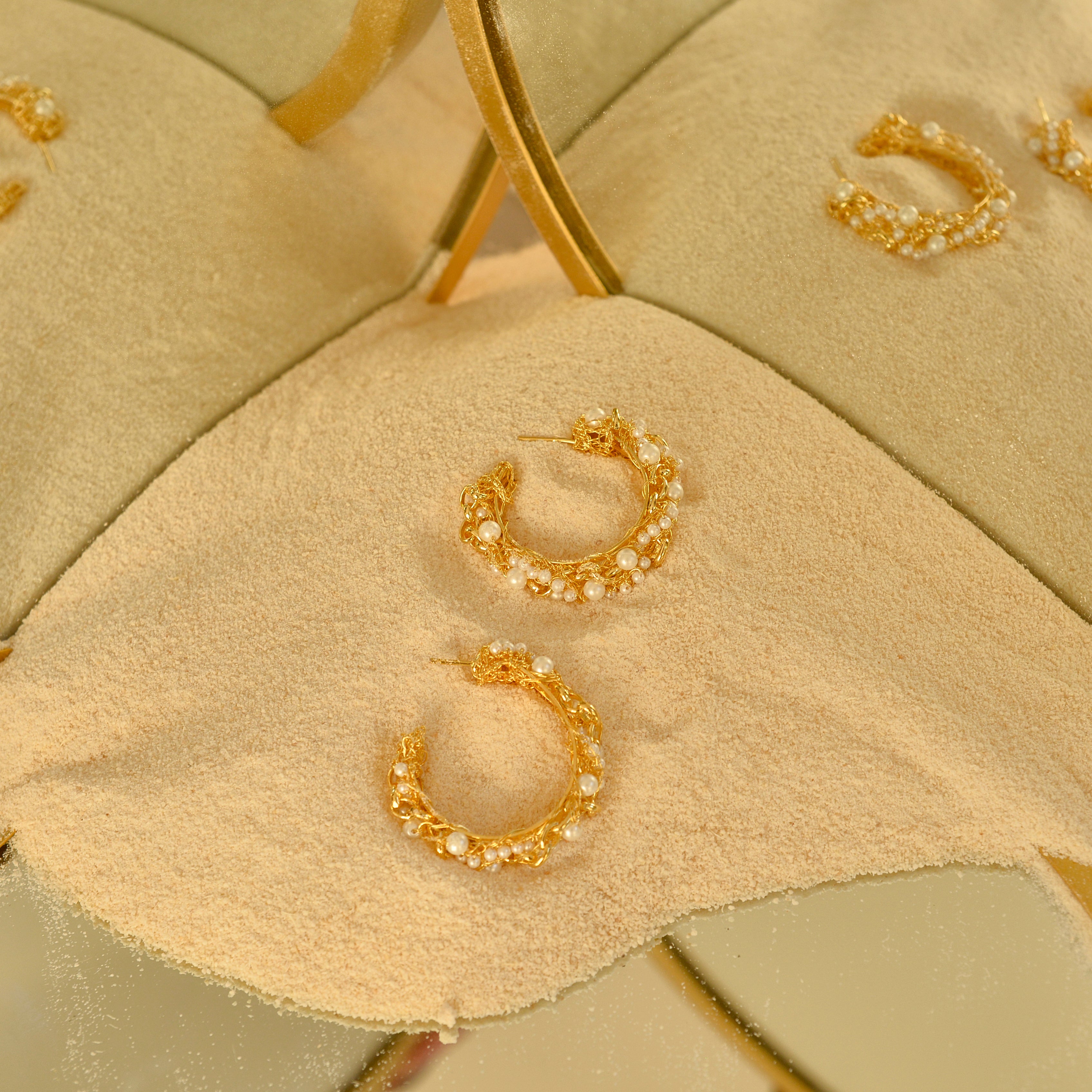 Pearl & Gold Hera Hoops Handmade Crochet Earrings