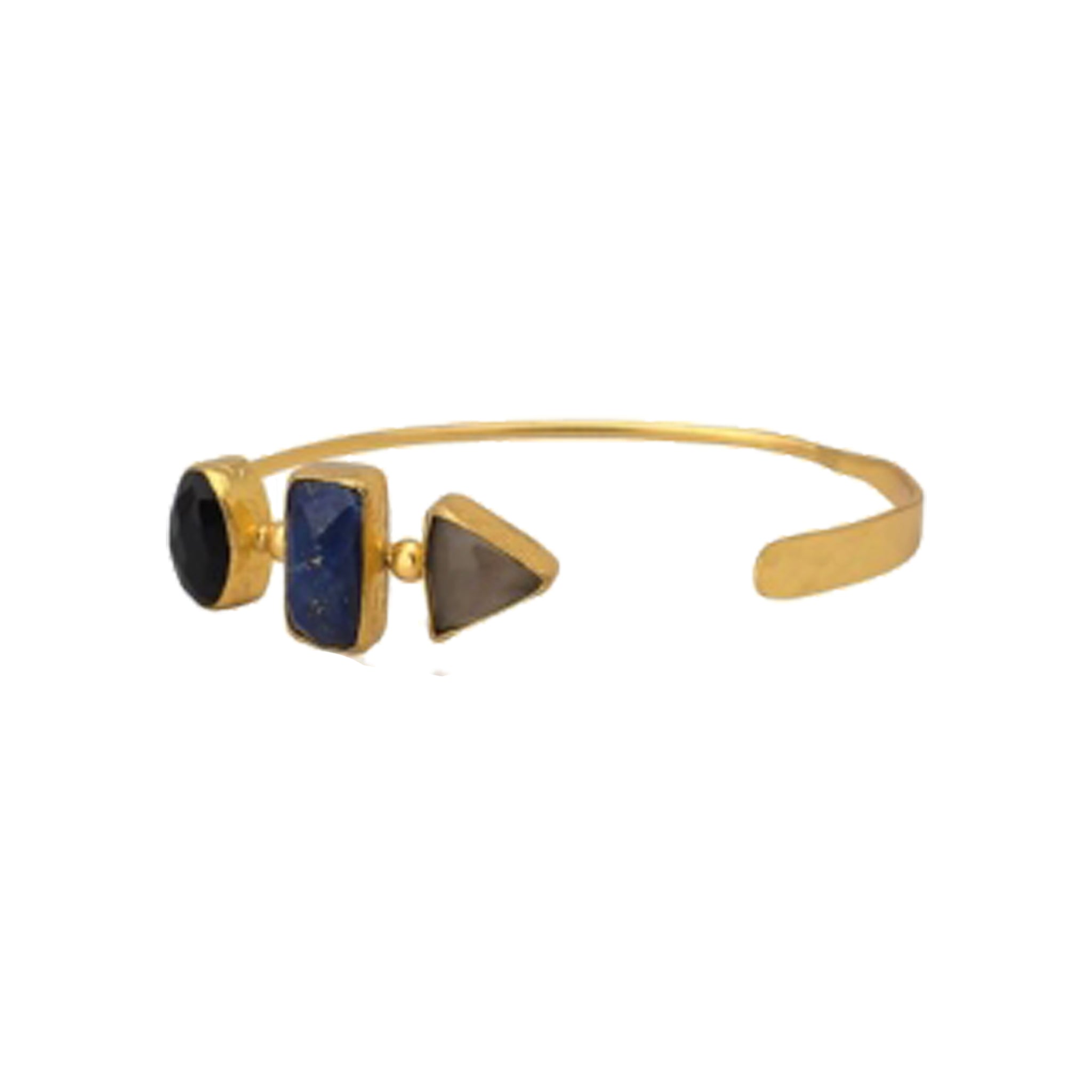 Brass Gold-Plated Bangle with Onyx, Smoky Quartz, and Lapis Lazuli Accents