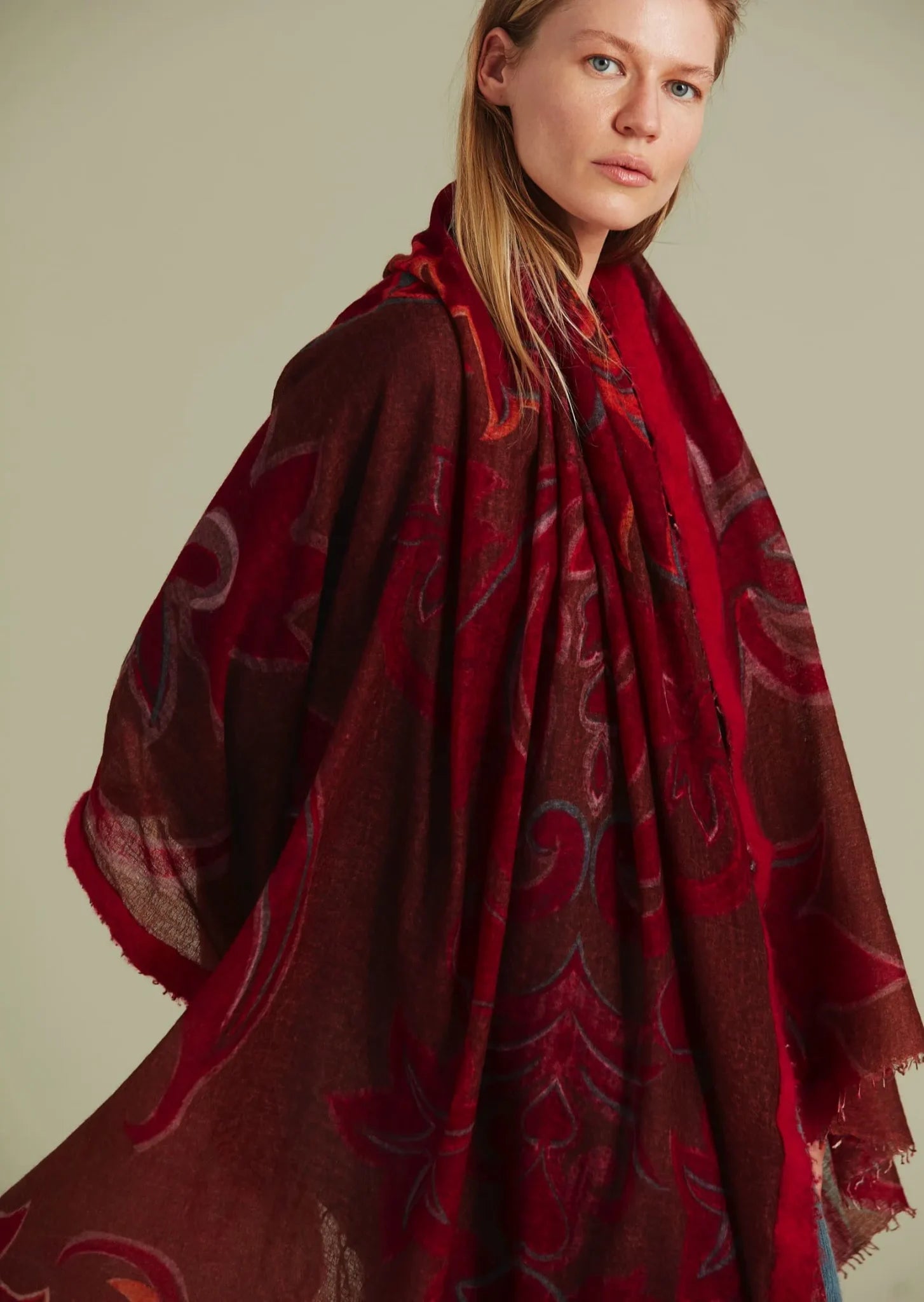 Lotus Bloom Reds Cashemere Scarf - Red