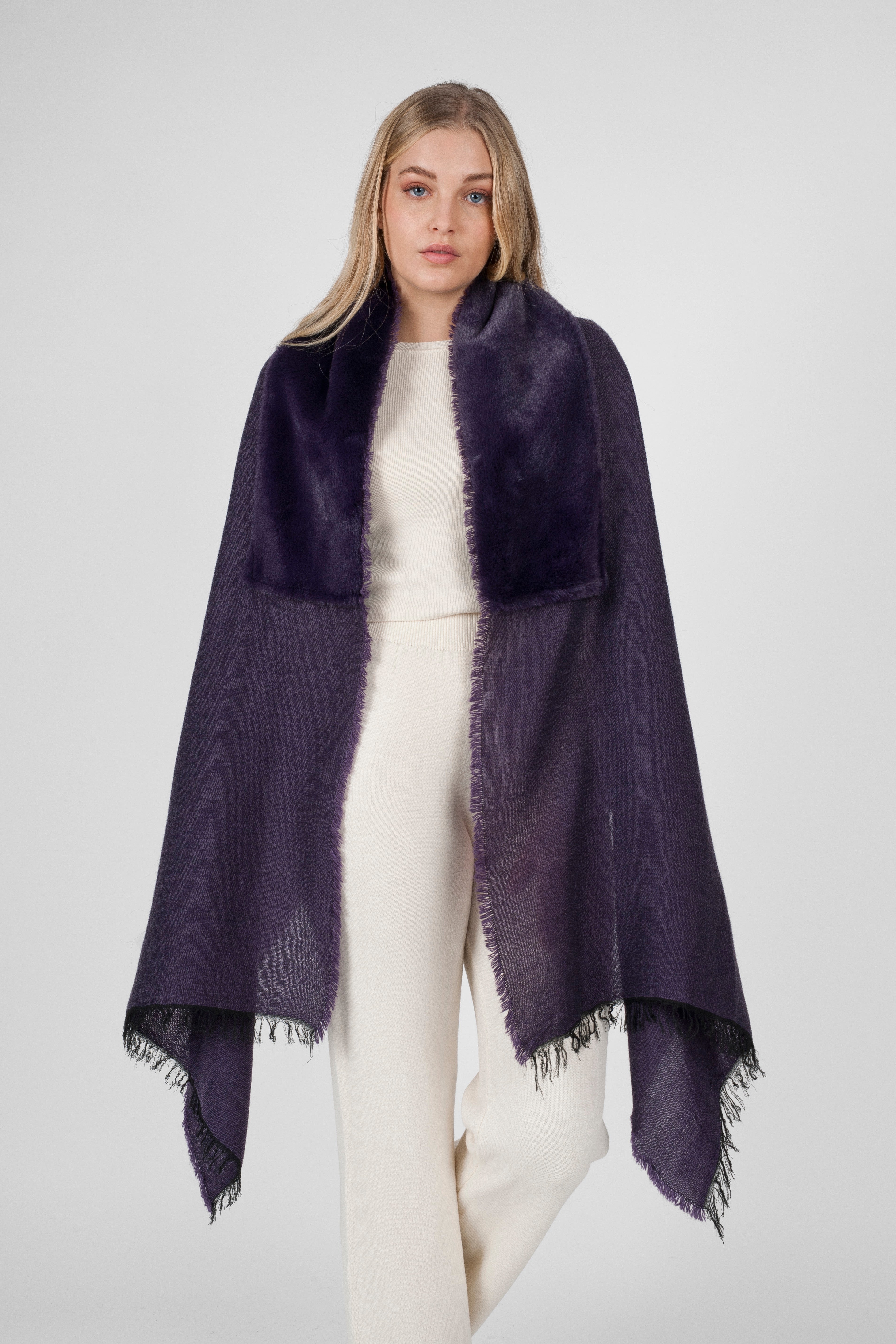 Elsa Melange Stole With Faux Fur - Eggplant