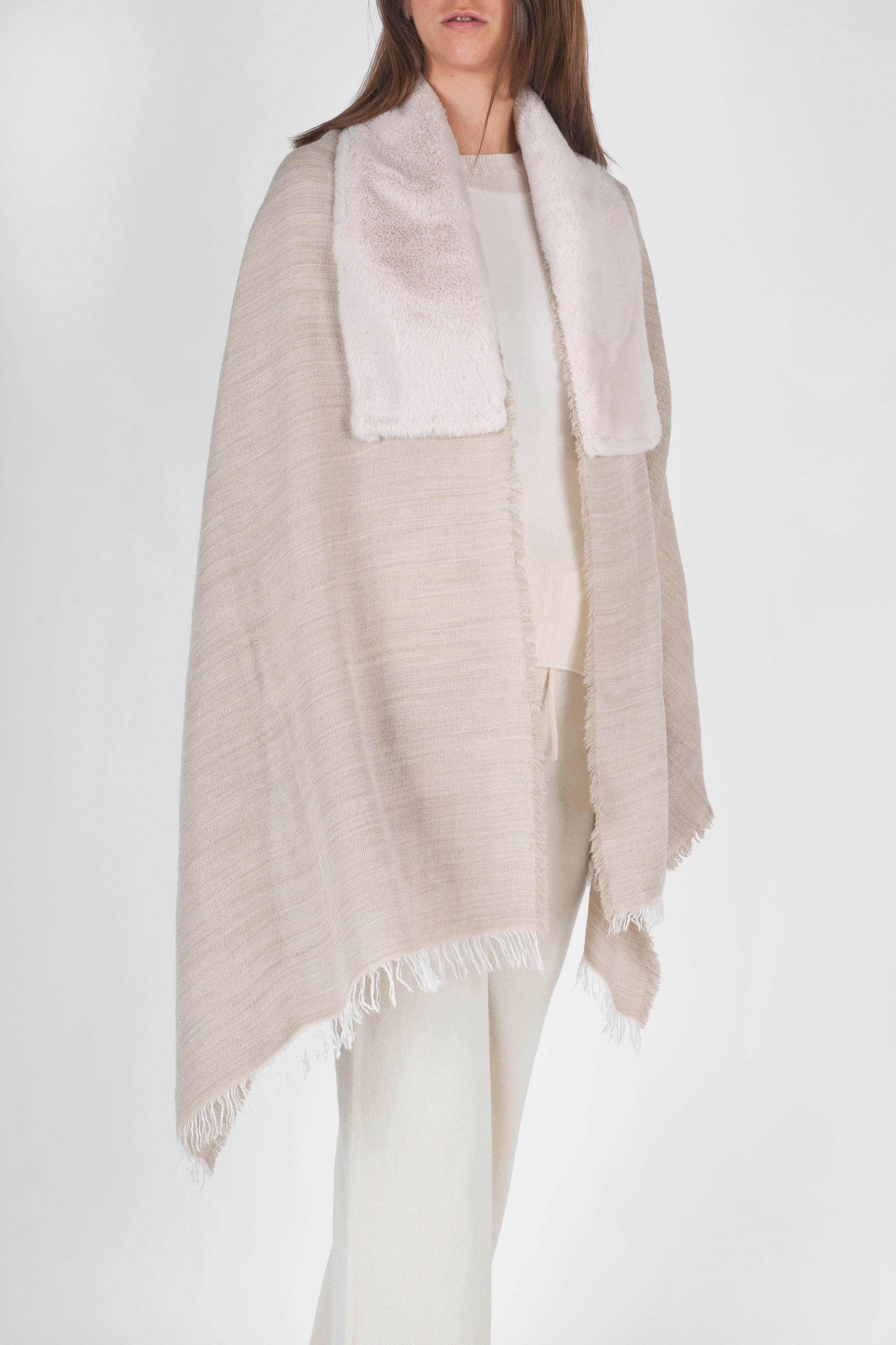 Elsa Melange Stole With Faux Fur - Beige