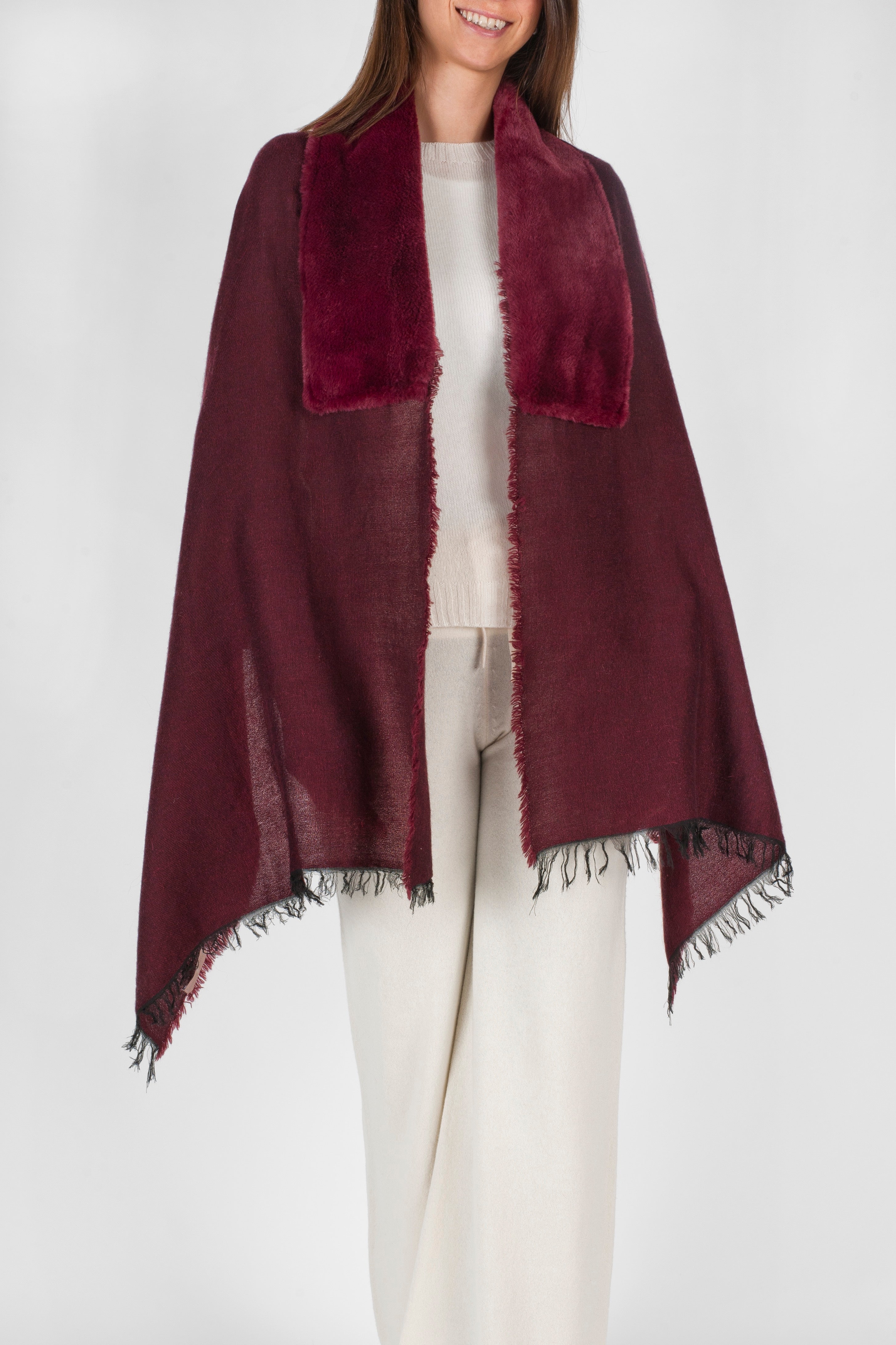 Elsa Melange Stole With Faux Fur - Bordo