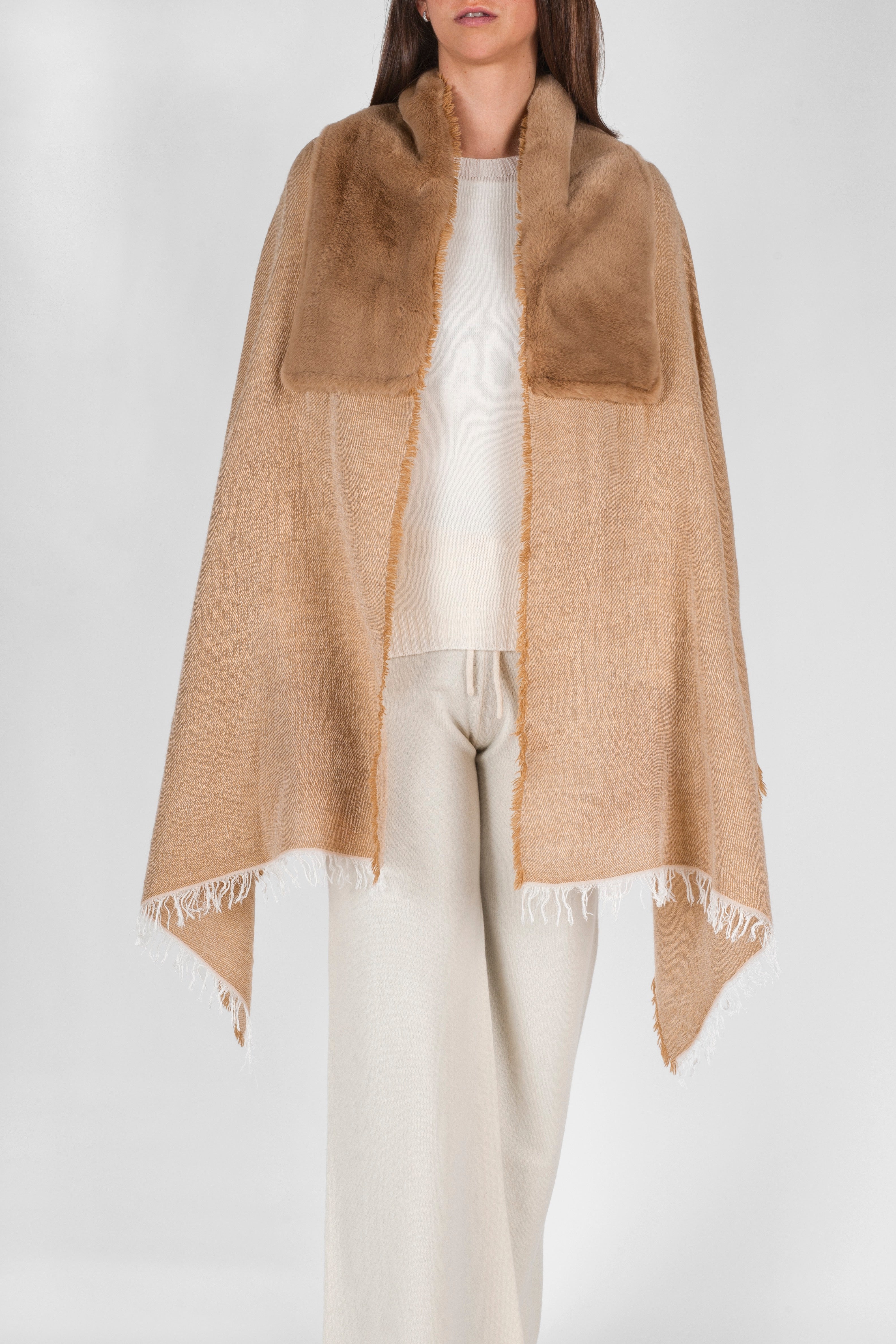 Elsa Melange Stole With Faux Fur - Camel