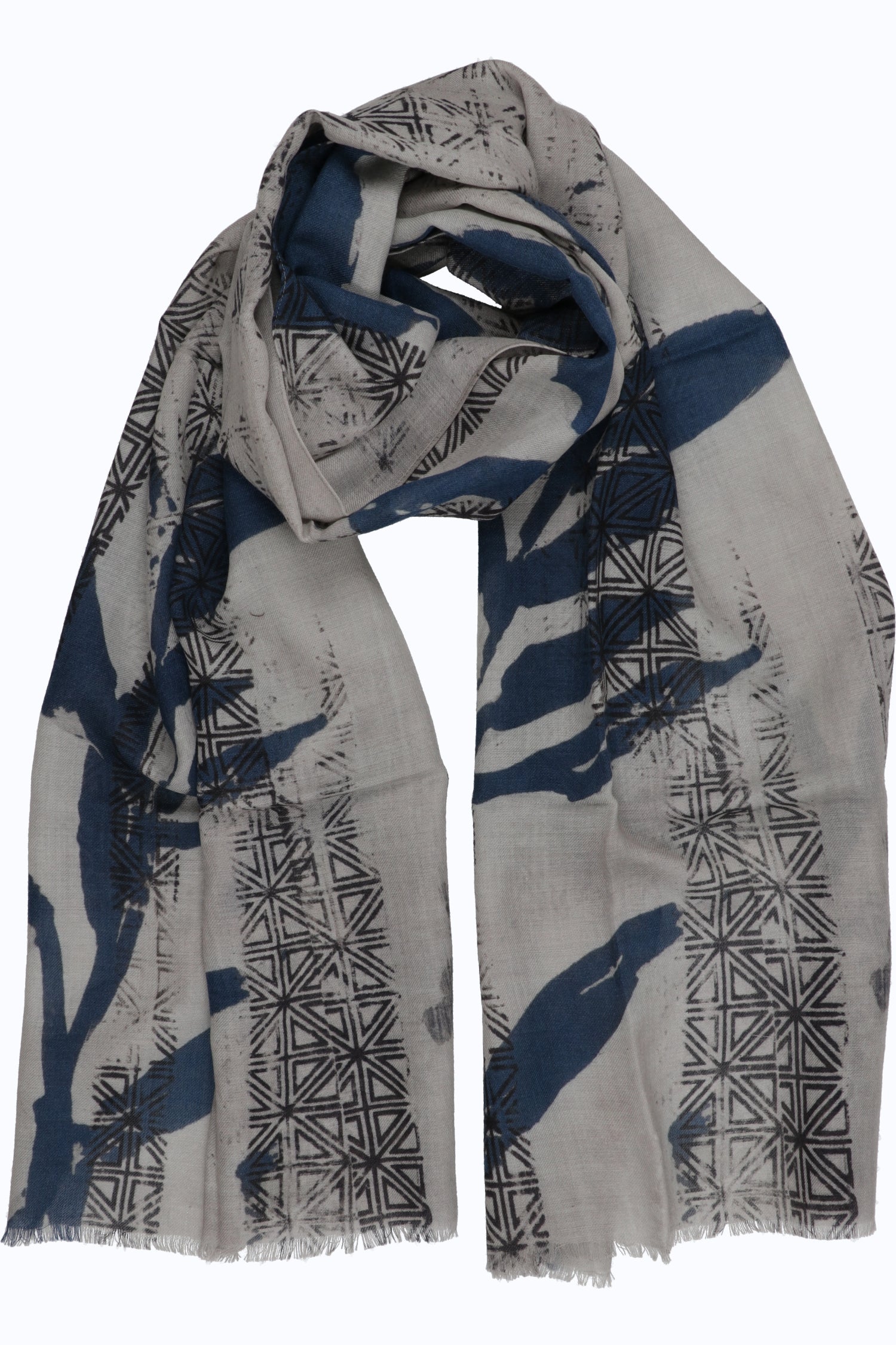 Unisex Blue Leaf Print Twill Scarf – 100% Wool