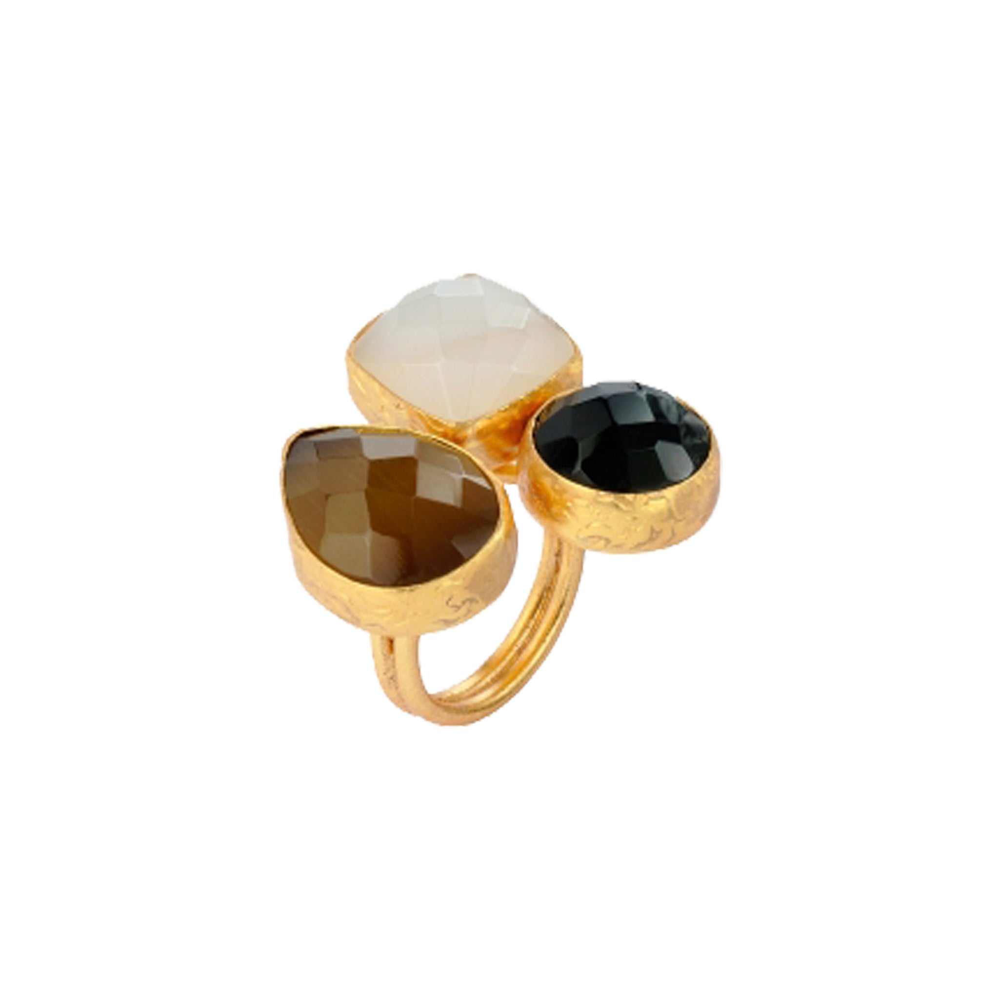 Brass Gold-Plated Ring with Yellow Cat's Eye, White Chalcedony, and Labradorite