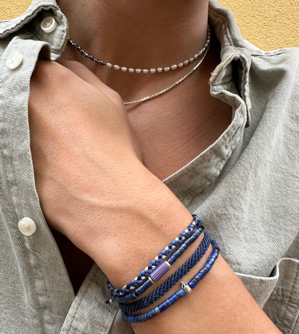 Lapis Lazuli Handmade Bracelet for Him with Silver Details