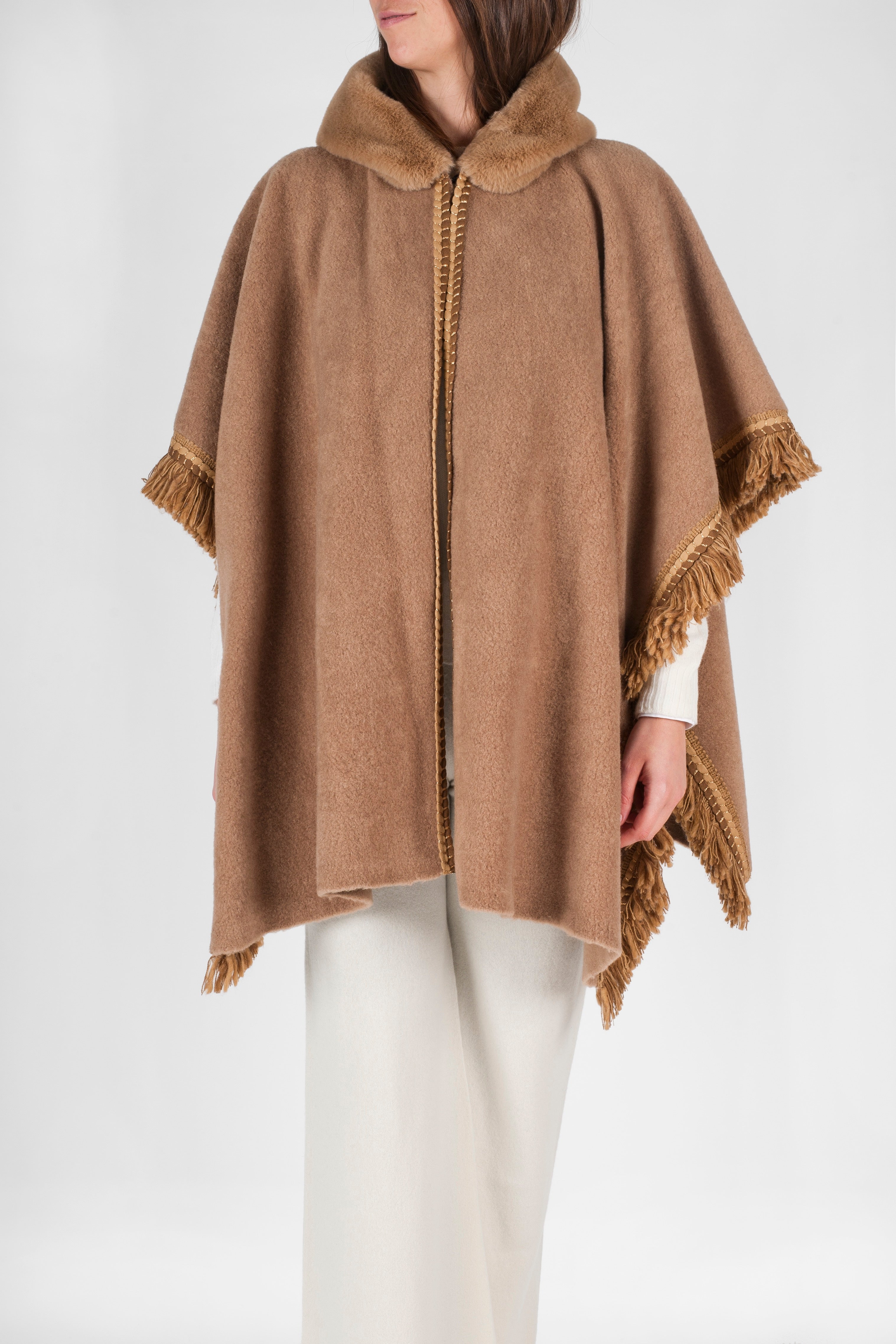 Lang - Faux Fur Hooded Cape - Camel