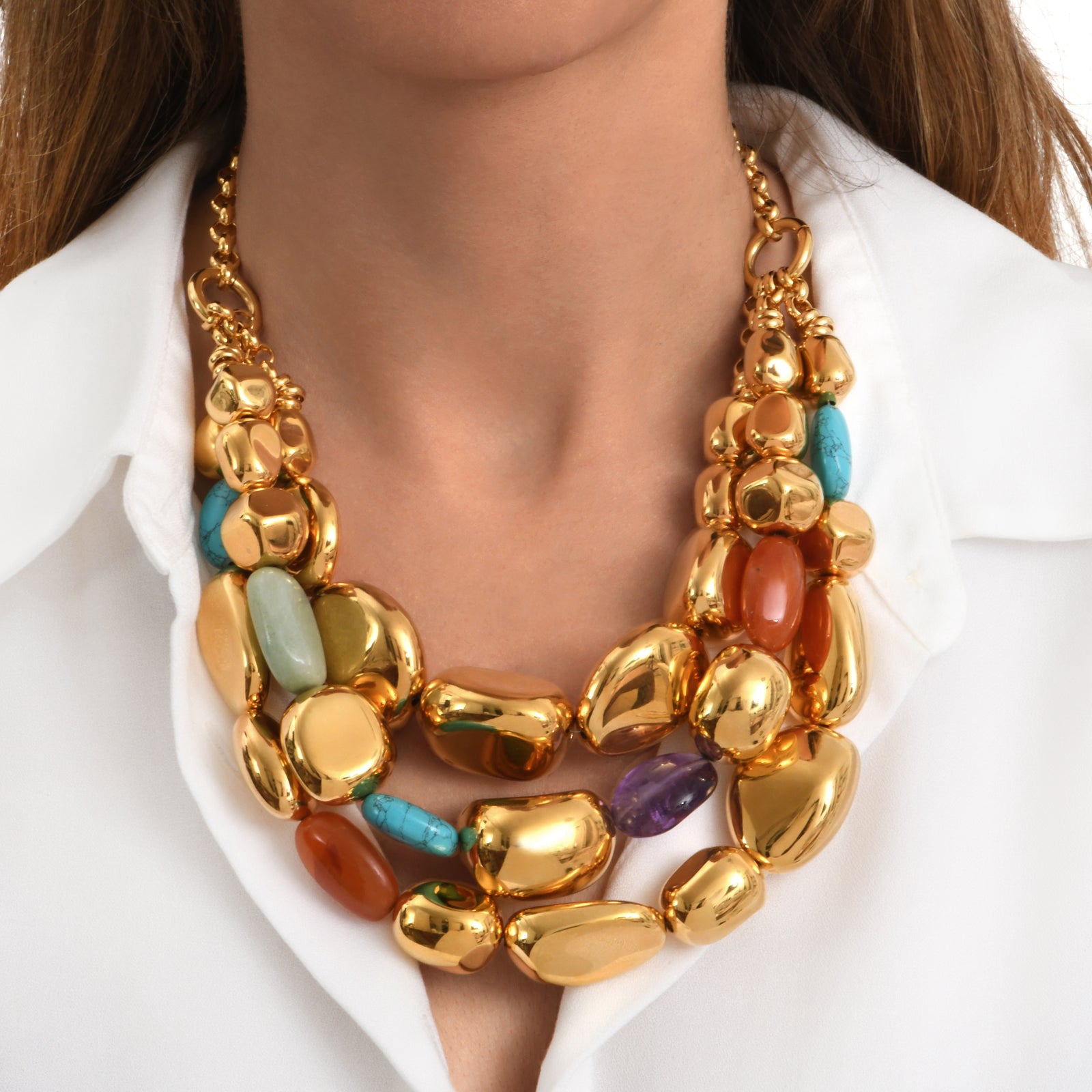 Loulou Adjustable Triple Chain Necklace in Gold-Plated Metal and Colored Stones - Multicolor