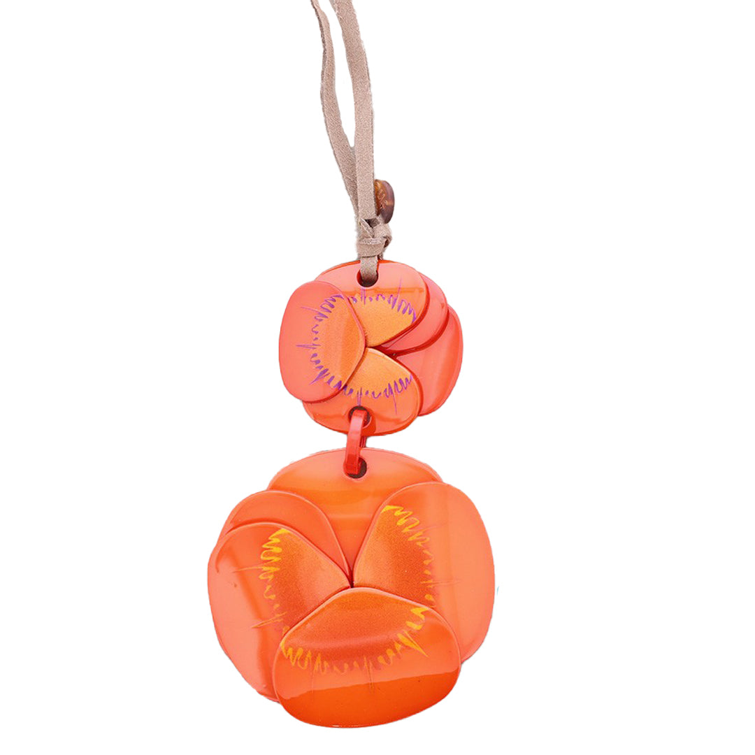 Long Resin Double Flower Pendant Necklace - Orange