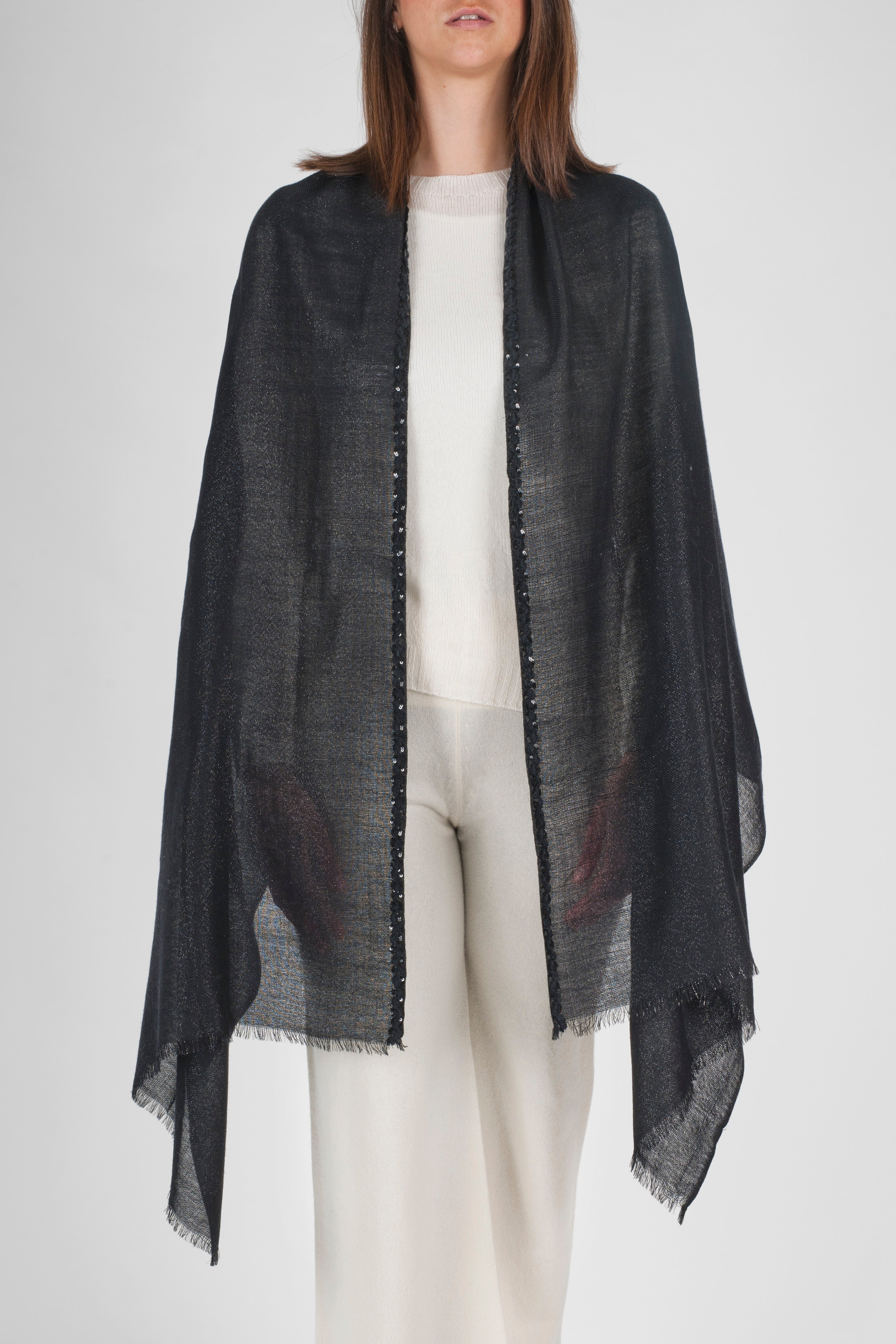 Lucilla Metallized Stole With Trim - Black