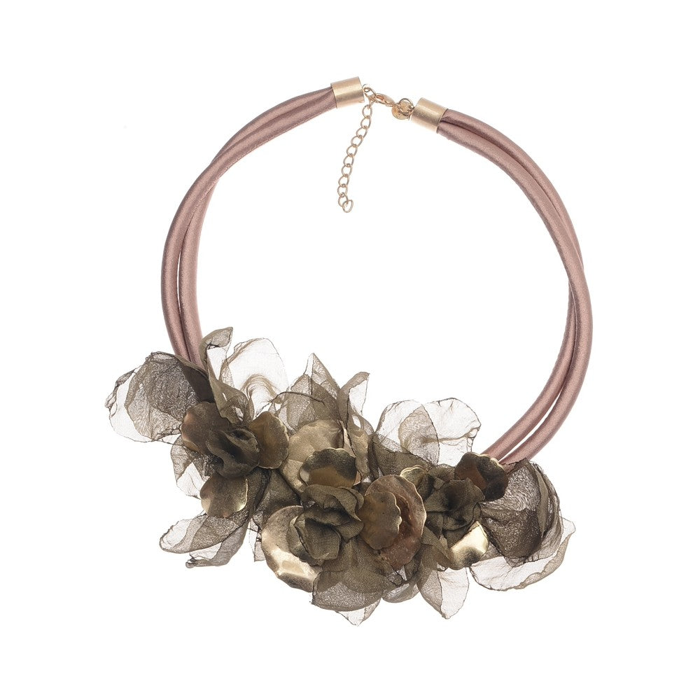 Metallic Fabric Flowers Short Necklace - Olive