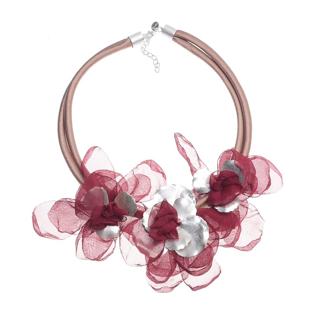 Metallic Fabric Flowers Short Necklace - Fuschia