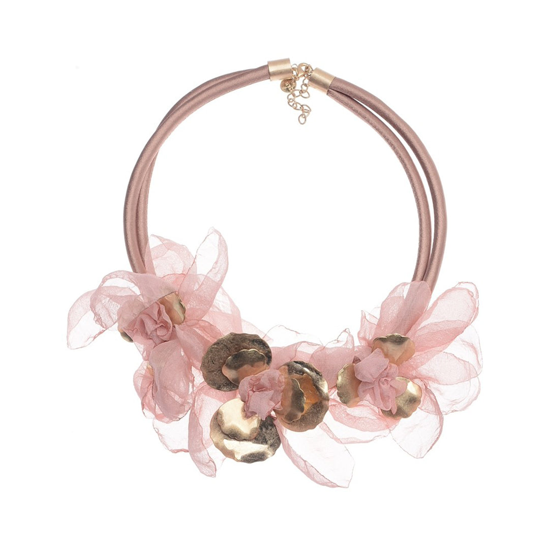 Metallic Fabric Flowers Short Necklace - Pink