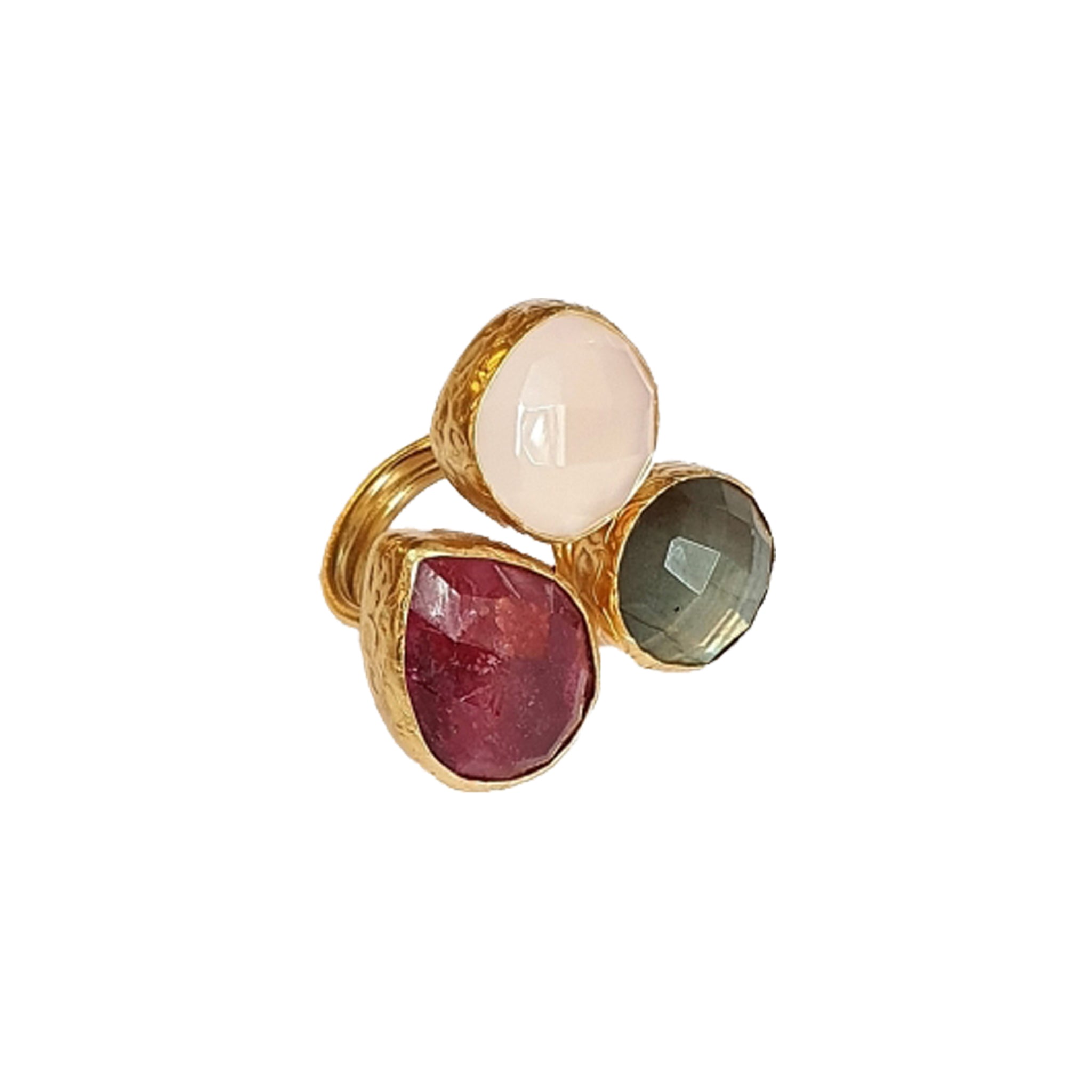 Brass Gold-Plated Ring with Ruby, White Chalcedony, and Labradorite