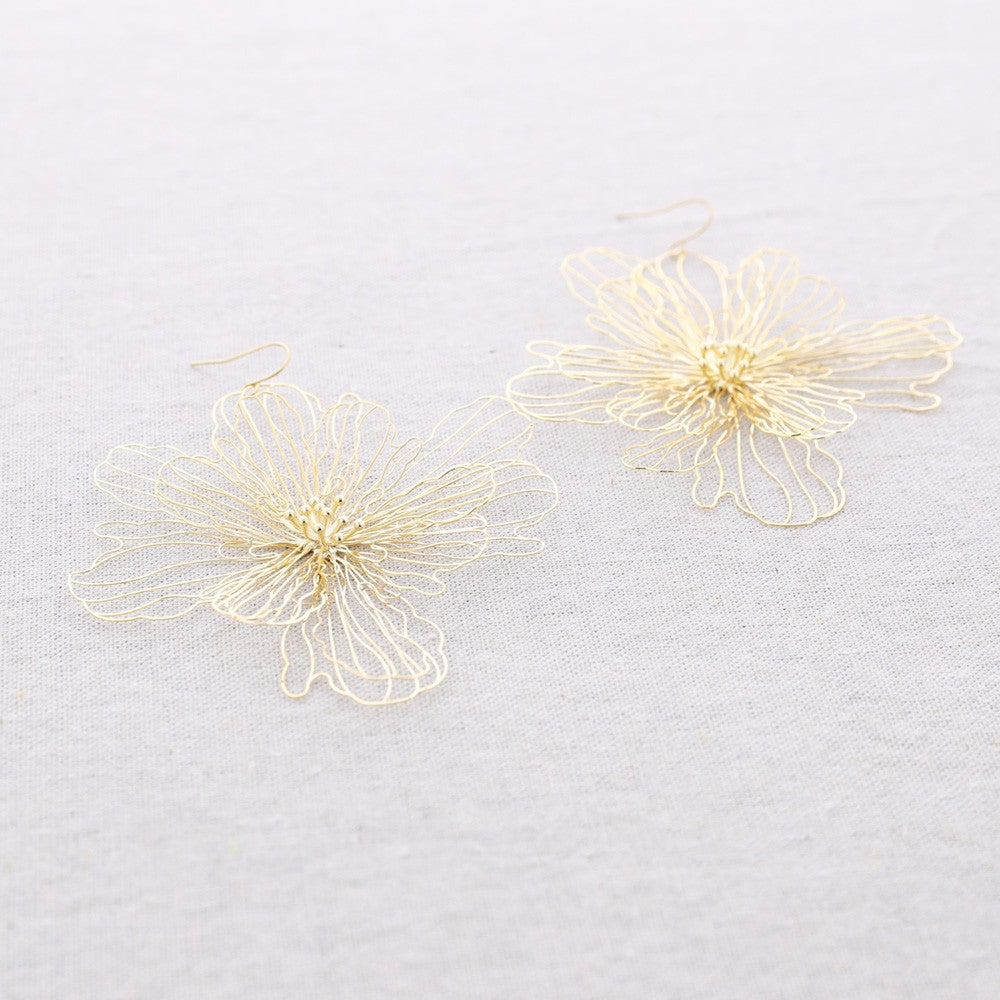 Steel Filigree Flower Earrings - Gold