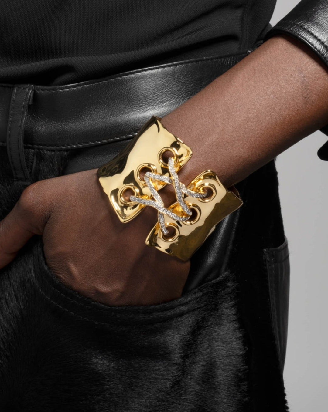 Solanales Gold Crystal Lace Up Cuff Bracelet
