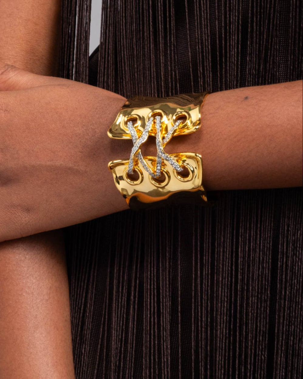 Solanales Gold Crystal Lace Up Cuff Bracelet