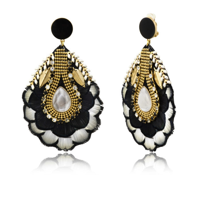 Alizia Clip Earrings in Feathers and Crystals - Black