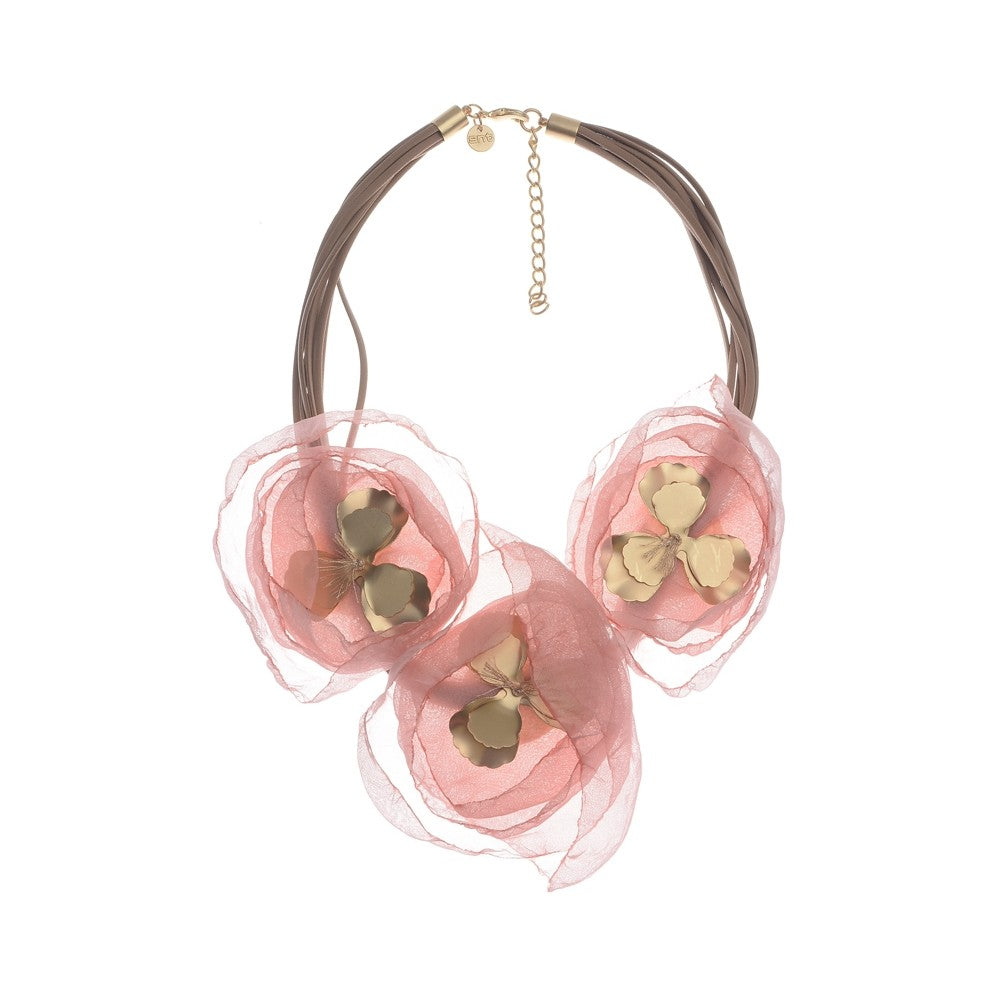 Metal Fabric Triple Flower Short Necklace - Pink