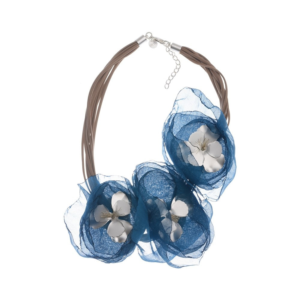 Metal Fabric Triple Flower Short Necklace - Turquoise
