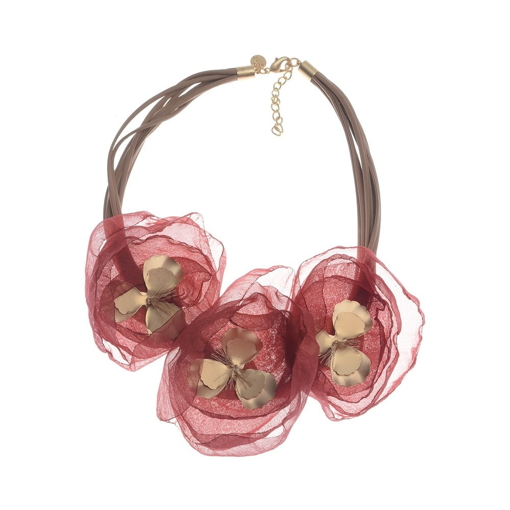 Metal Fabric Triple Flower Short Necklace - Coral
