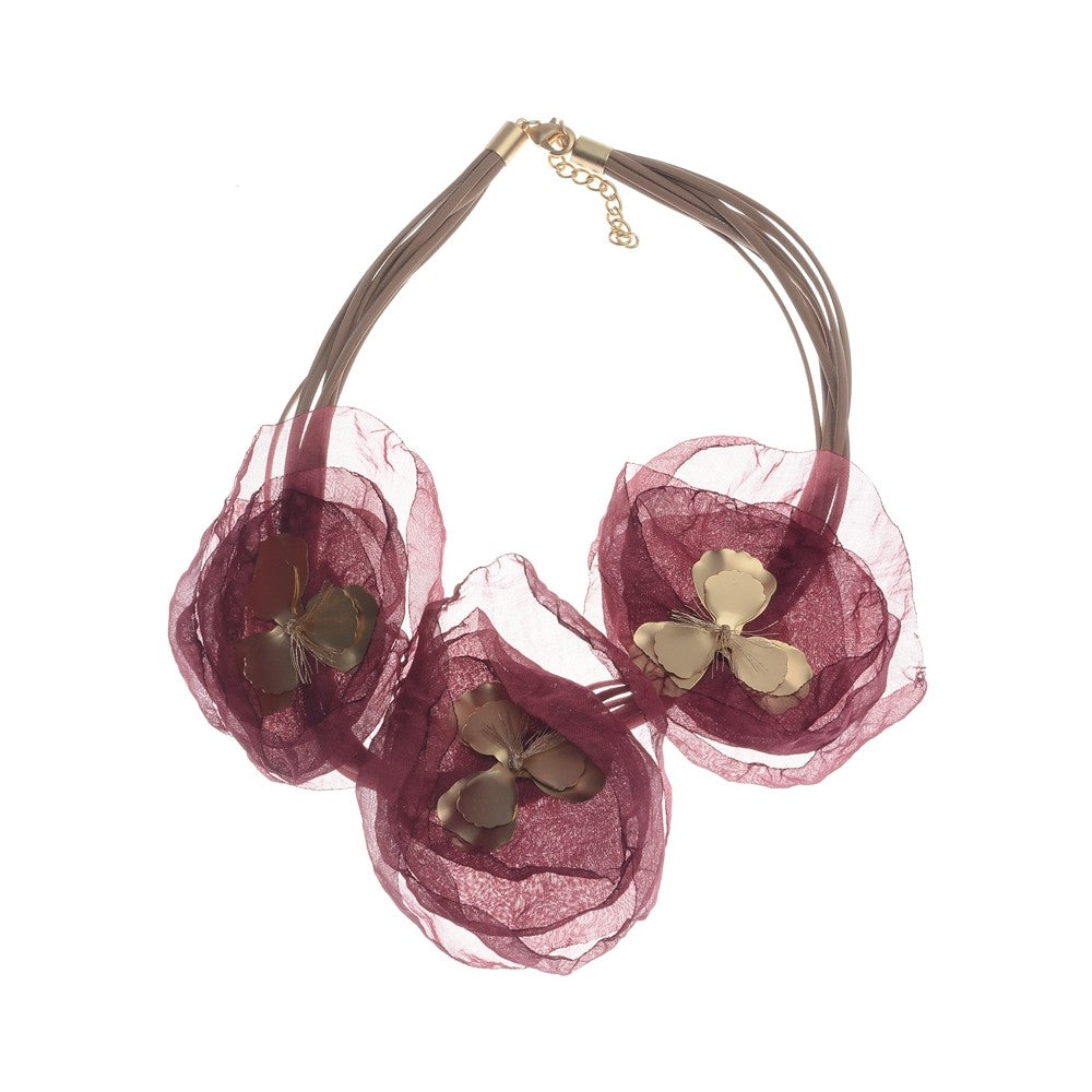 Metal Fabric Triple Flower Short Necklace - Fuschia