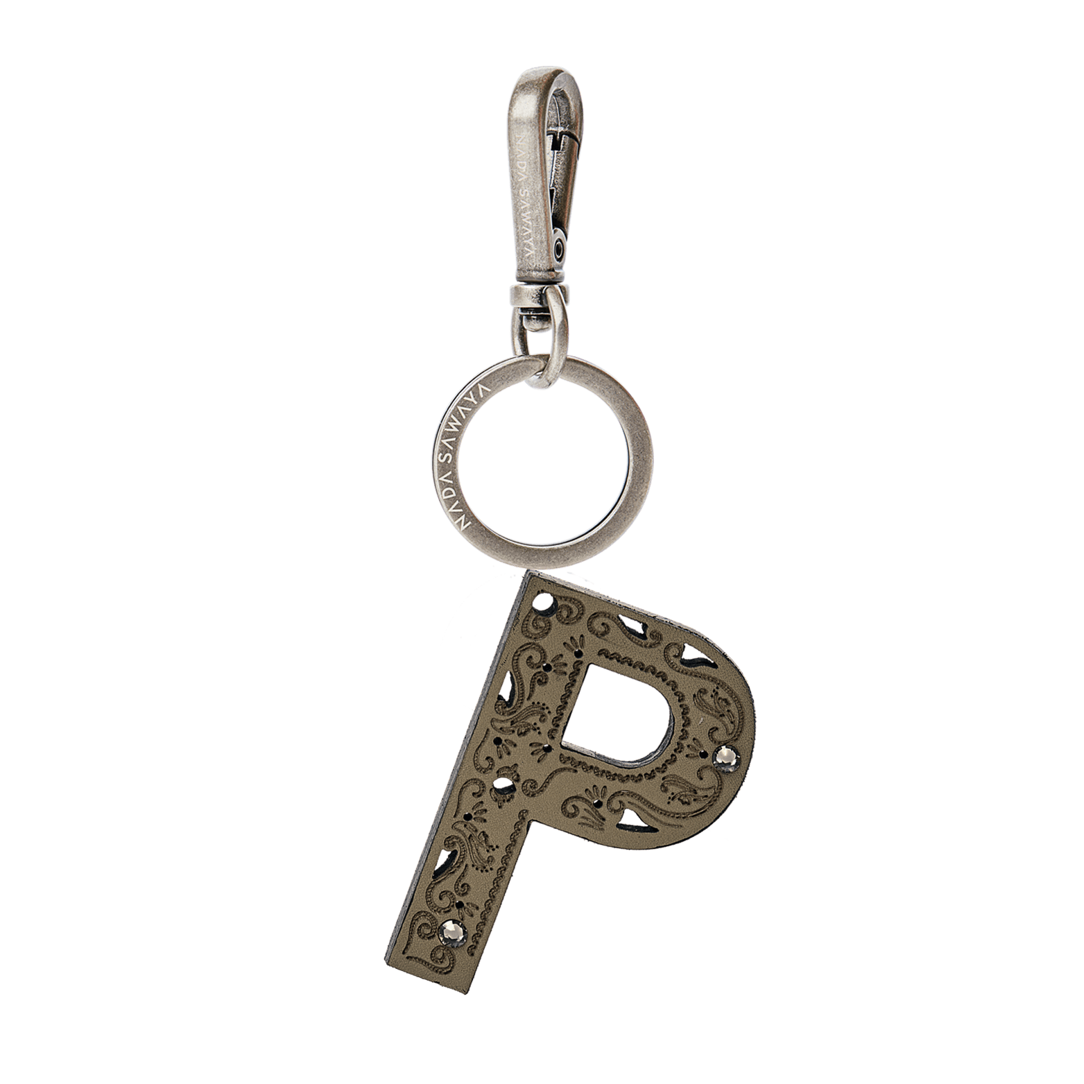 FL by NADA SAWAYA Bag Charm Large-P / Antic Silver / Taupe 1-Letter Laser Cut Leather Charm